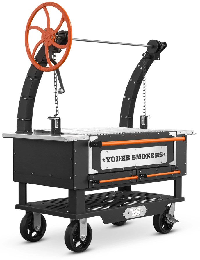 Yoder 42-inch El Dorado Santa Maria charcoal grill with adjustable V-channel cooking grates and freestanding cart