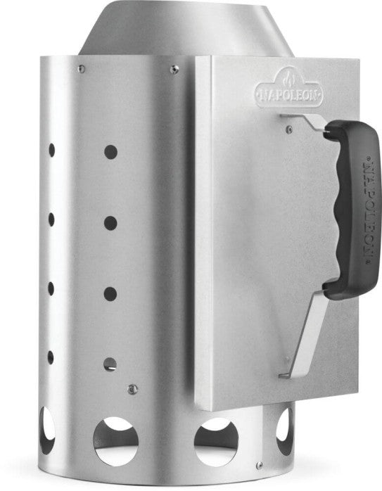 Napoleon Premium Charcoal Chimney Starter 67802, angled view showing the handle and ventilated steel body