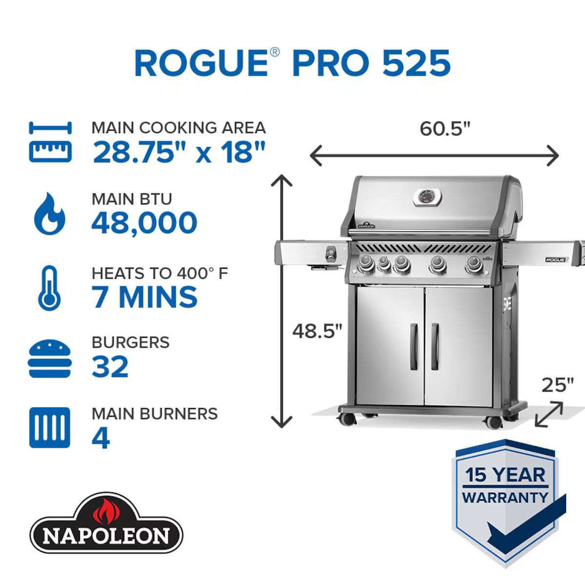 Napoleon Rogue PRO 525 NG 4-Burner Propane Grill w/ Side Burner - RP525SIBNSS-2