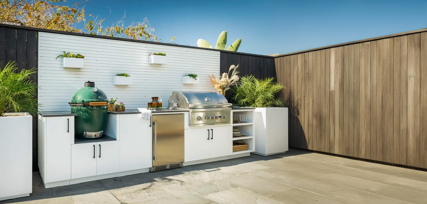 Big Green Egg Charcoal Grill & DCS Gas Grill Built-in to an Urban Bonfire Outdoor Kitchen