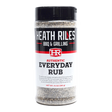 a shaker bottle filled with Heath Riles BBQ & Grilling Authentic everyday rub, great on everything, 14 ounces