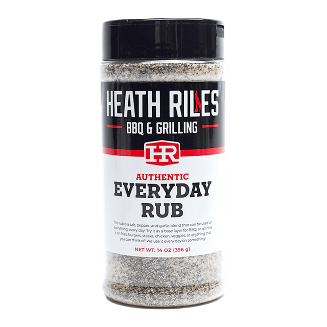a shaker bottle filled with Heath Riles BBQ & Grilling Authentic everyday rub, great on everything, 14 ounces