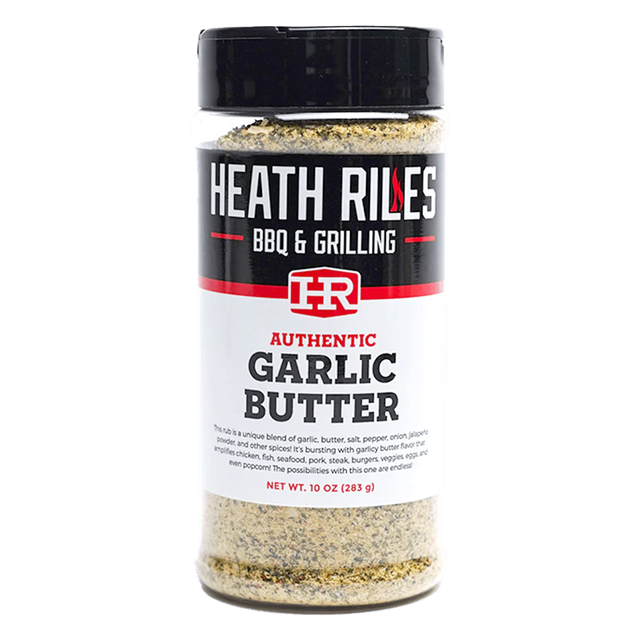 shaker bottle filled with heath riles bbq & grilling garlic butter rub, great on everything, 10 ounces