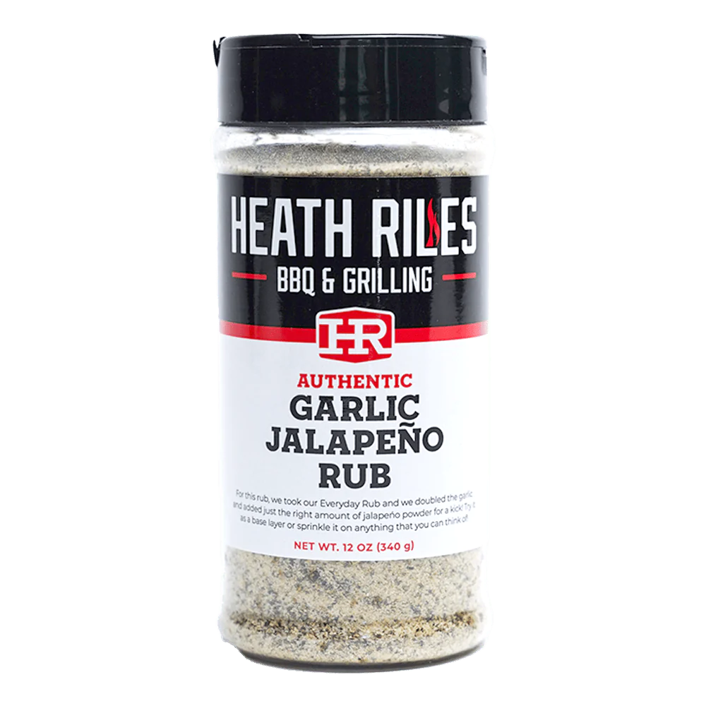12 oz shaker bottle full of garlic jalapeño rub, a savory and delicious seasoning that's great on everything