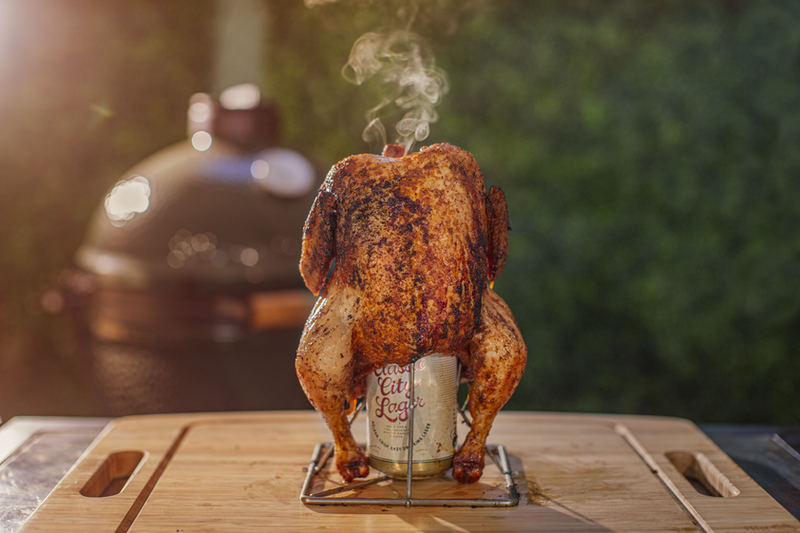 Big Green Egg XL Large with chicken roaster stand at Texas Star Grill Shop - Houston's #1 seller of Big Green Egg accessories and kamado style grills