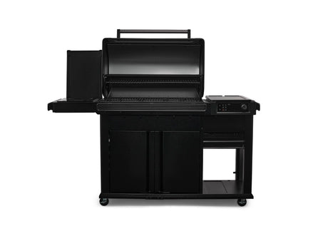 black traeger woodridge elite pellet grill on a white background