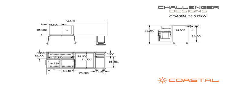 Challenger Coastal 76.5-GRW manufacturer dimension drawing and fixed cabinet layout