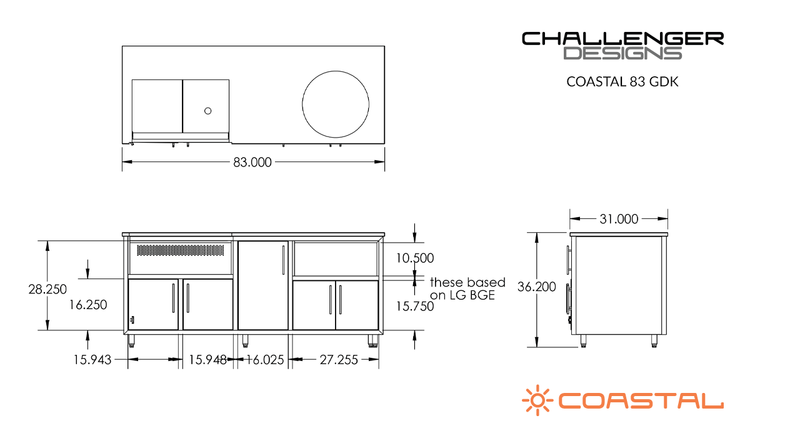 Challenger Coastal 83-GDK manufacturer dimension drawing and fixed cabinet layout