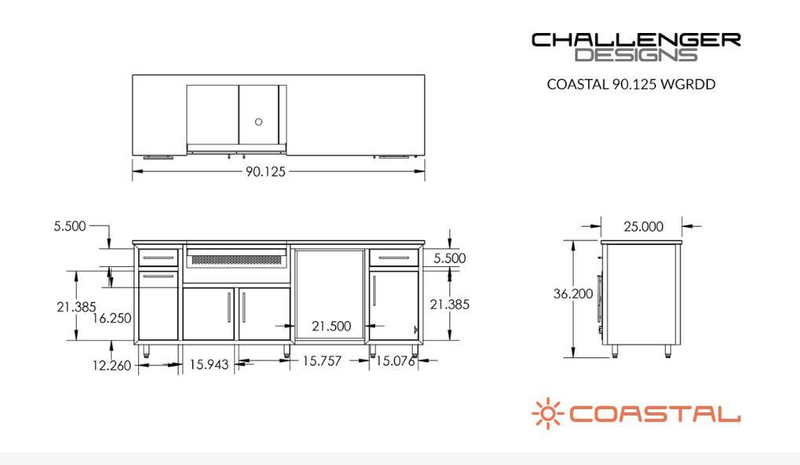Challenger Coastal 90.125-WGRDD manufacturer dimension drawing and fixed cabinet layout