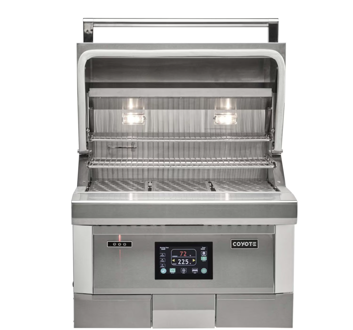 Coyote 28-Inch Built-In Pellet Grill with lid open showing cooking grates