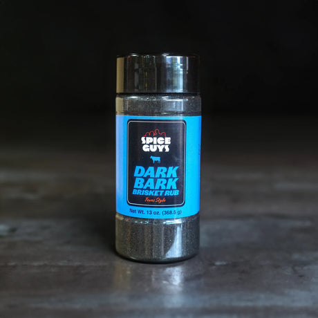 13 ounce shaker bottle filled with Spice Guys Dark Bark Brisket Rub with salt, pepper, garlic, and activated charcoal for the black color