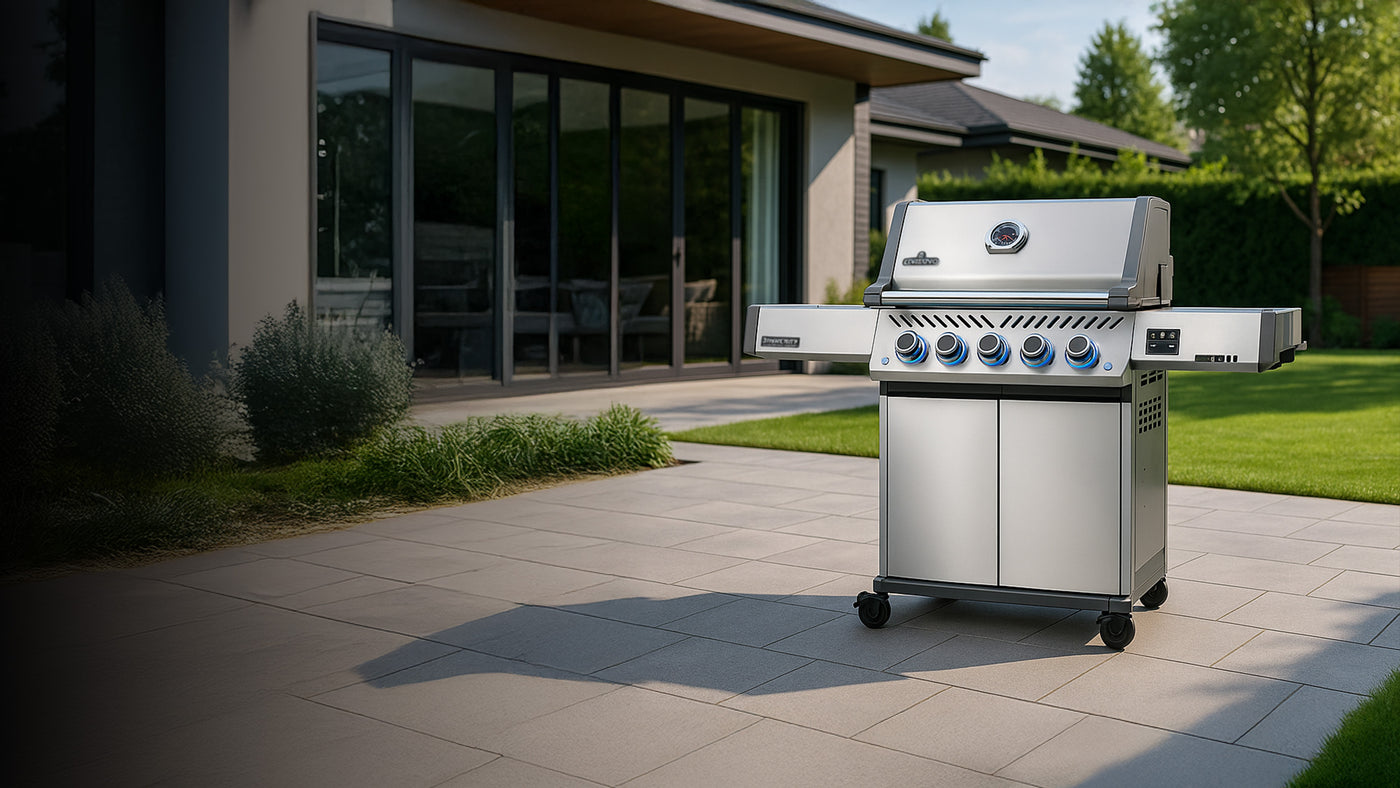 Stainless steel Napoleon Prestige 500 Connected Gas grill on a patio with a modern house in the background
