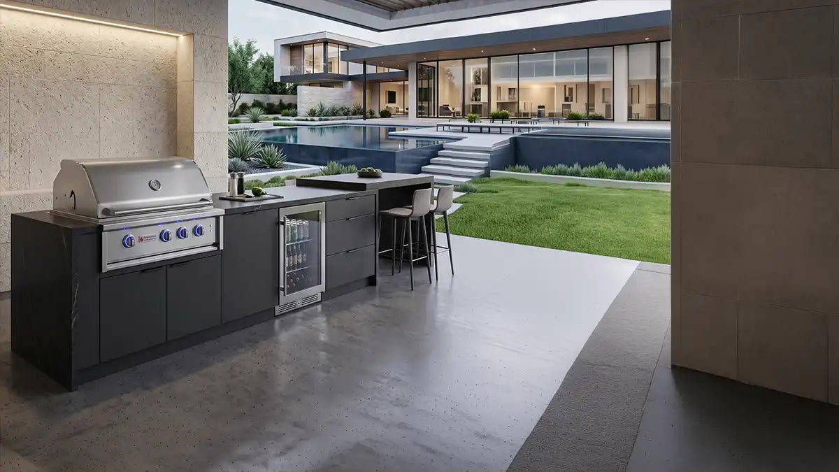 Modern minimalist black outdoor kitchen island featuring a built-in RCS gas grill and glass-front refrigerator, set alongside a luxury backyard pool in Houston.