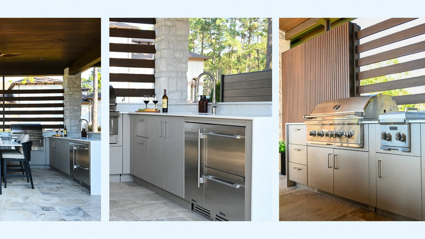 High-end outdoor kitchen installation with custom cabinetry, professional-grade built-in gas grill, and stainless steel under-counter refrigeration in a contemporary Houston patio setting.