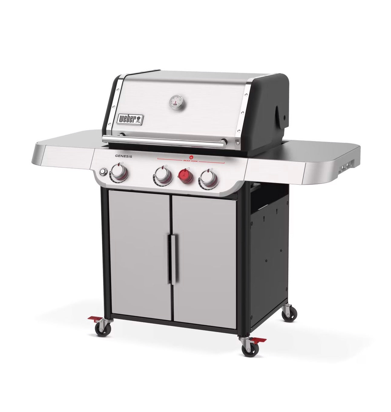 Front angle view of Weber Genesis SP-S-325 gas grill with stainless steel lid and cabinet base