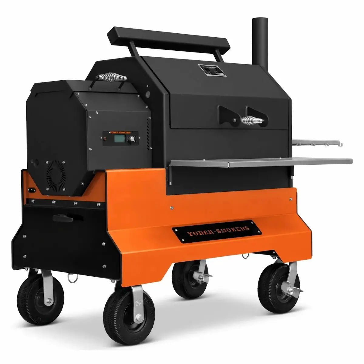 Yoder YS640S pellet grill with orange competition cart, 8-inch wheels, stainless steel shelves and storage drawer