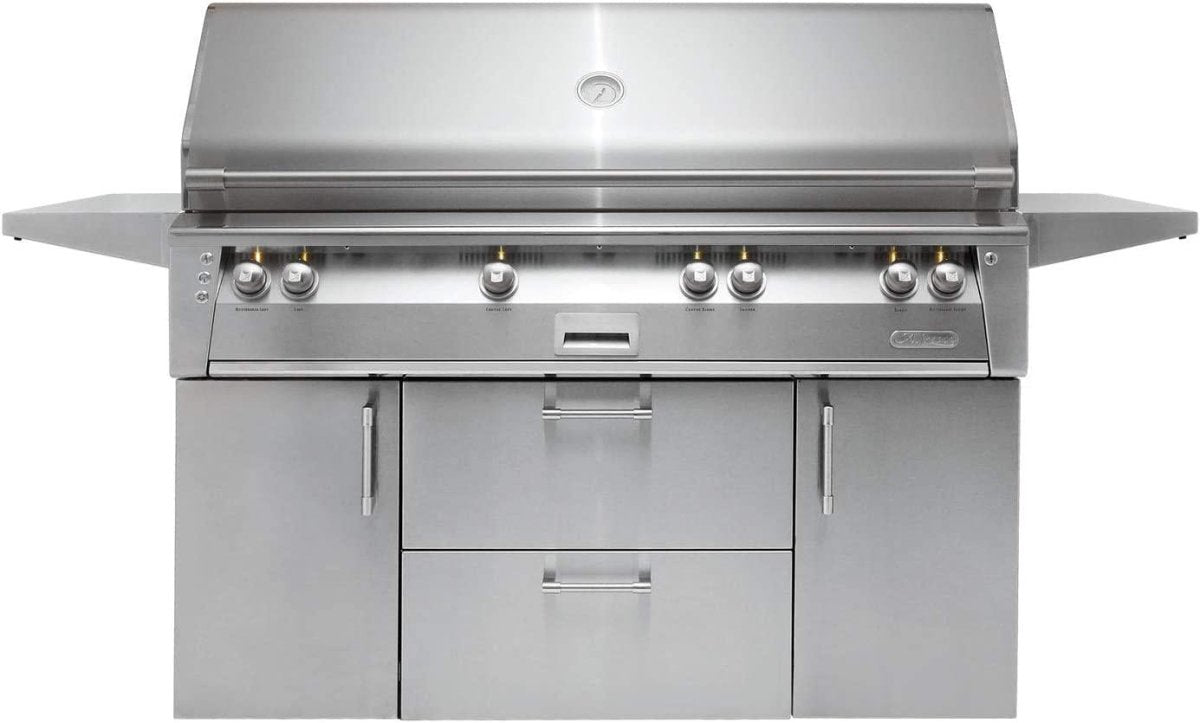 Alfresco ALXE-56BFGC-NG 56" Natural Gas Standard Grill on Cart Deluxe w/ 82500 BTU Sear Zone Rotisserie & Stainless Built-In Motor - Texas Star Grill Shop ALXE-56BFGC-NG
