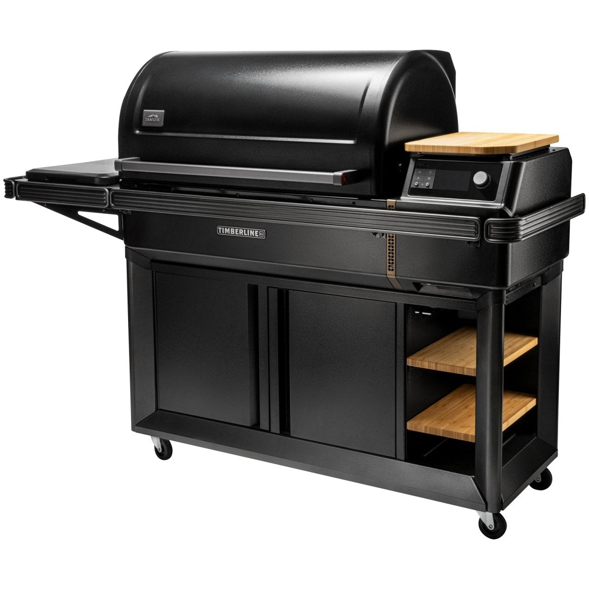 Front view of the Traeger Timberline XL Wood Pellet Grill with lid closed, cabinets, and cart