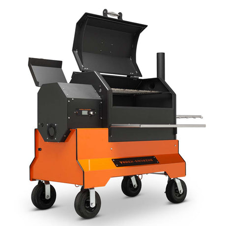 Yoder Pellet Grill YS640S Comp (Orange) + Stainless Steel Shelves + 10inch Wheels + 2nd Level Slide Out Cooking - Texas Star Grill Shop 9612023-000