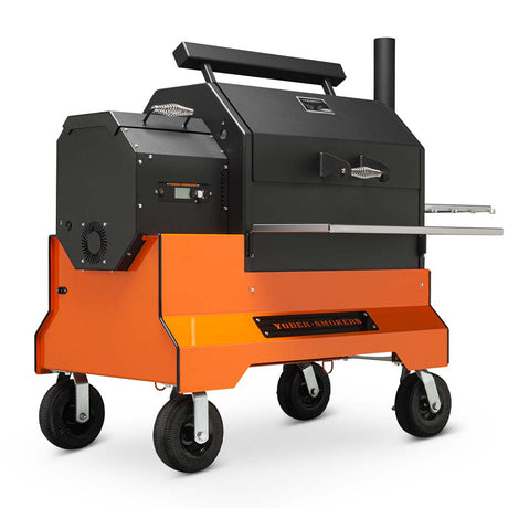 Yoder Pellet Grill YS640S Comp (Orange) + Stainless Steel Shelves + 10inch Wheels + 2nd Level Slide Out Cooking - Texas Star Grill Shop 9612023-000