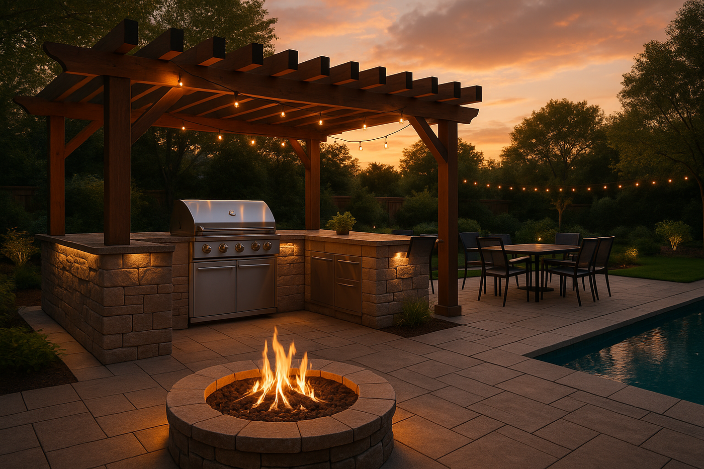 Outdoor patio with fire pit, grill, and dining area at sunset.