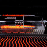 the infrared rear burner getting red hot behind the rotisserie forks on the napoleon prestige pro 825 built-in gas grill
