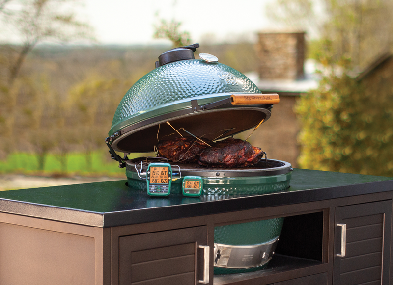 Big Green Egg XL Large in Modular Table with 4 probe wireless meat thermometer, at Texas Star Grill Shop, Houston's top dealer of Kamado Big Green Egg Ceramic Charcoal Grills