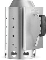 Napoleon Premium Charcoal Chimney Starter 67802, angled view showing the handle and ventilated steel body