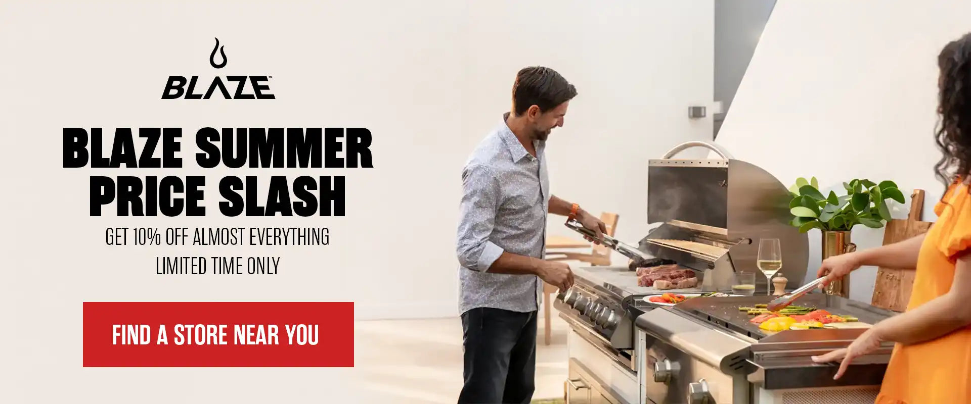 Two people grilling on a Blaze outdoor kitchen with promotional text for a summer price slash.