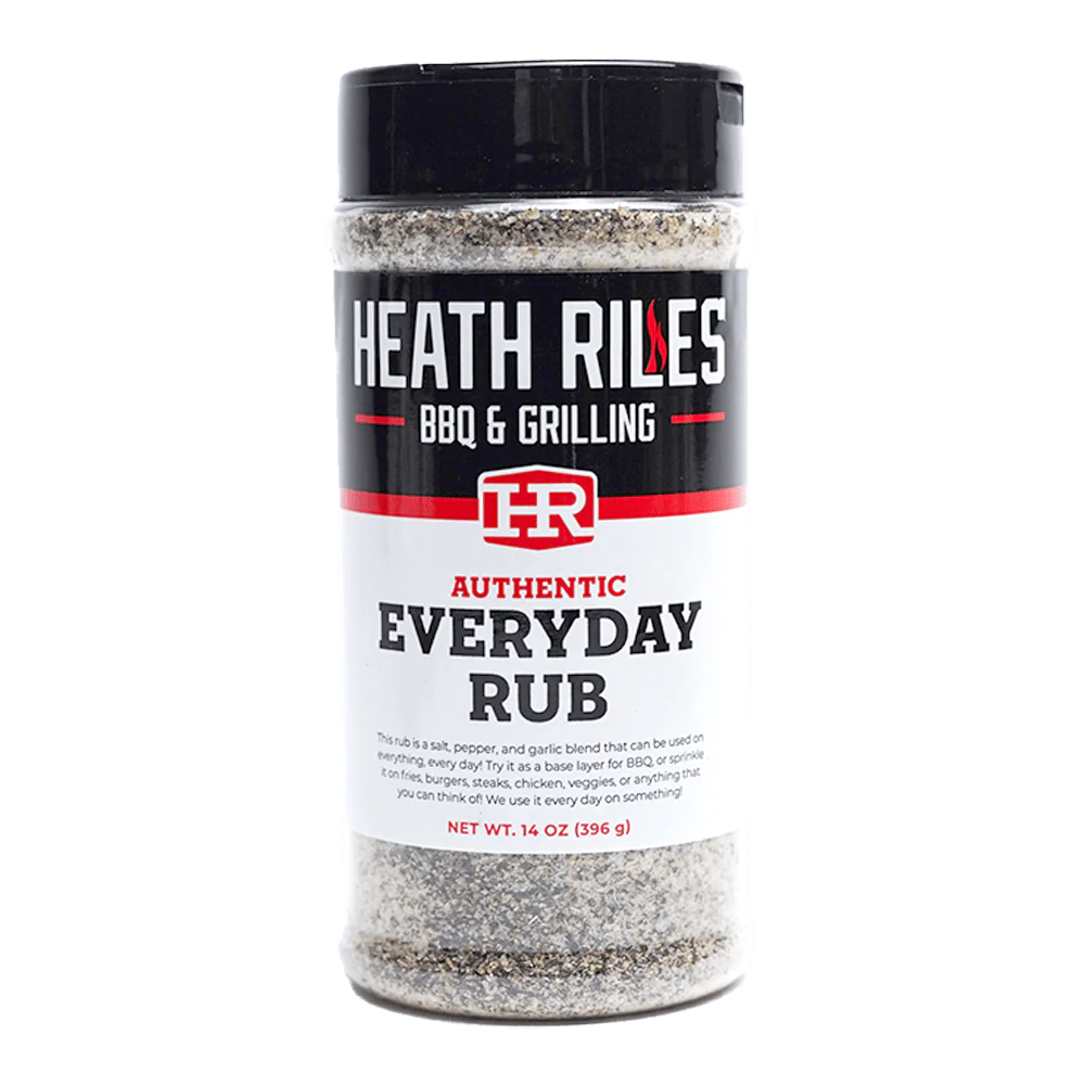 a shaker bottle filled with Heath Riles BBQ & Grilling Authentic everyday rub, great on everything, 14 ounces