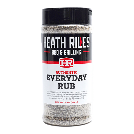 a shaker bottle filled with Heath Riles BBQ & Grilling Authentic everyday rub, great on everything, 14 ounces