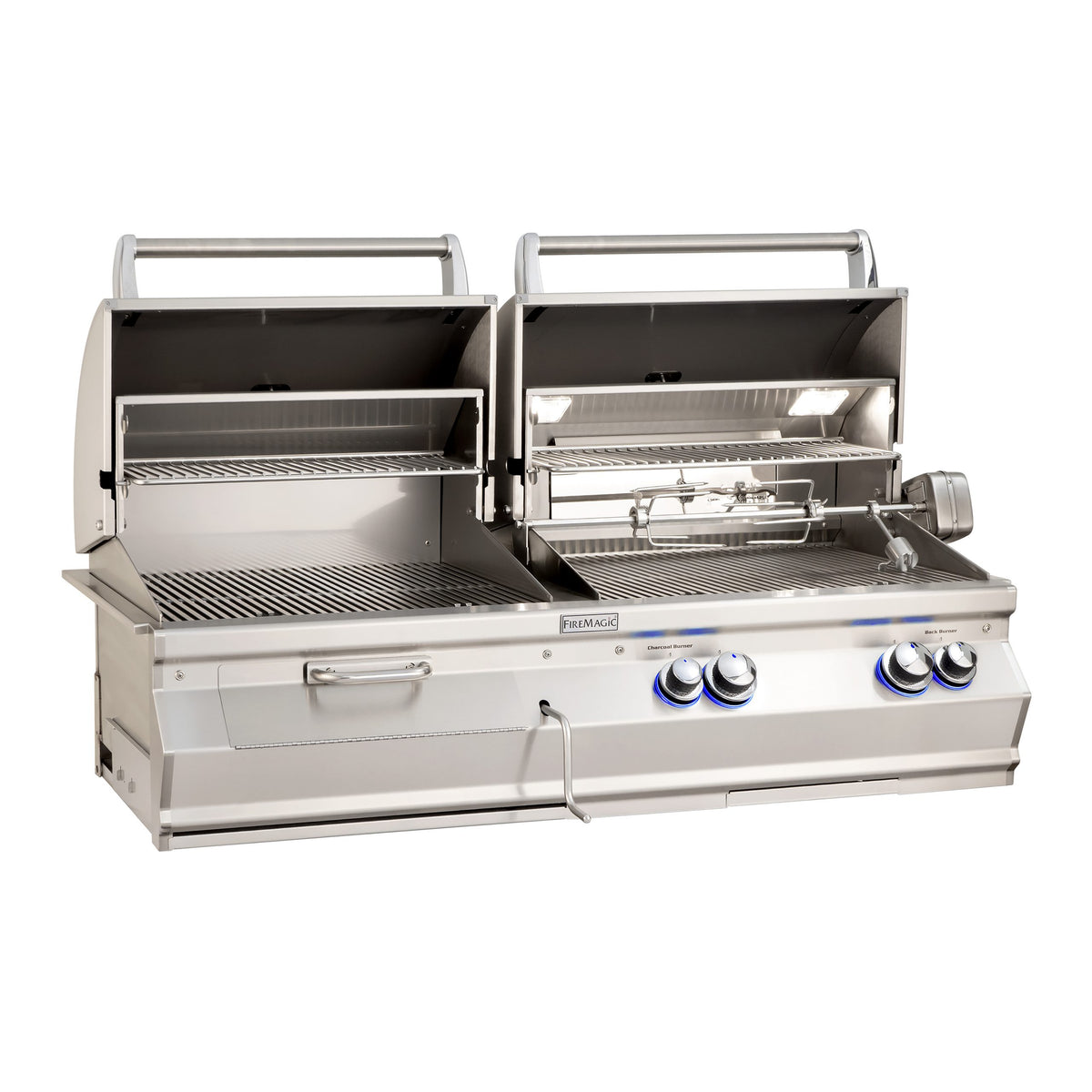 Fire Magic Aurora A830i stainless steel built-in gas and charcoal combo grill with open hoods and rotisserie