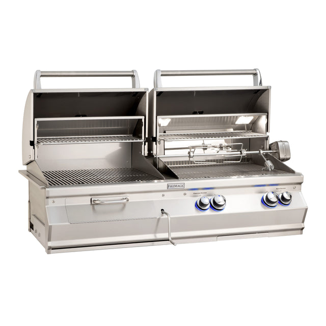 Fire Magic Aurora A830i stainless steel built-in gas and charcoal combo grill with open hoods and rotisserie