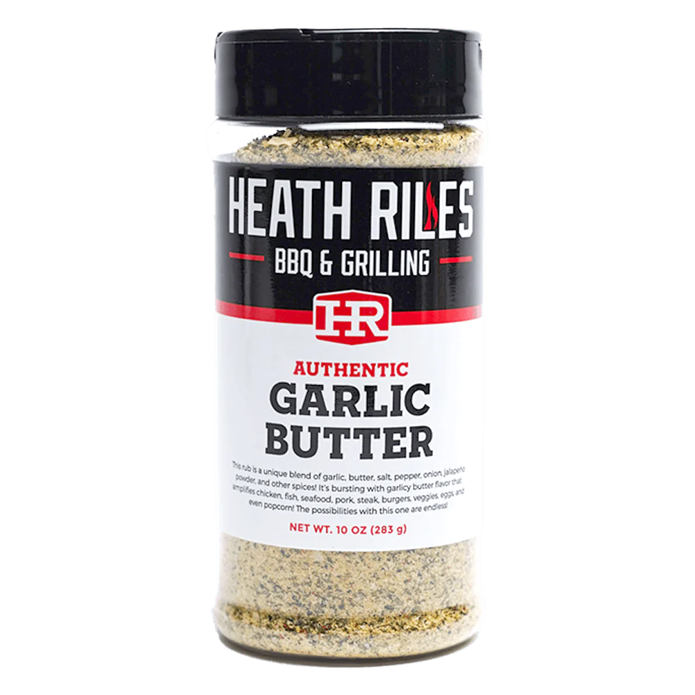 shaker bottle filled with heath riles bbq & grilling garlic butter rub, great on everything, 10 ounces