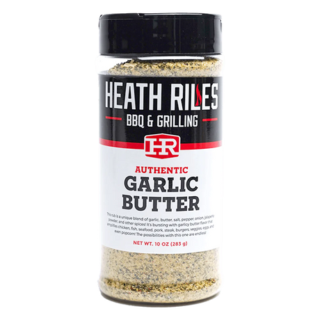 shaker bottle filled with heath riles bbq & grilling garlic butter rub, great on everything, 10 ounces