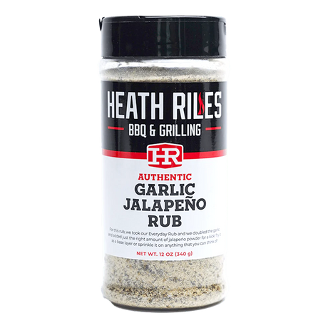 12 oz shaker bottle full of garlic jalapeño rub, a savory and delicious seasoning that's great on everything