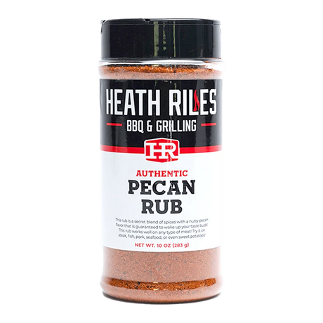 10 ounce shaker bottle full of heath riles bbq & grilling pecan rub, a sweet and savory blend with a pecan forward flavor