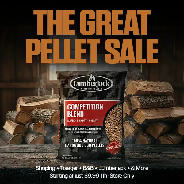 Lumberjack competition blend hardwood BBQ pellets with promotional text for a pellet sale.
