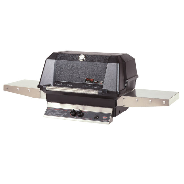 MHP WNK4DDN natural gas grill head with black hood and stainless steel drop-down side shelves