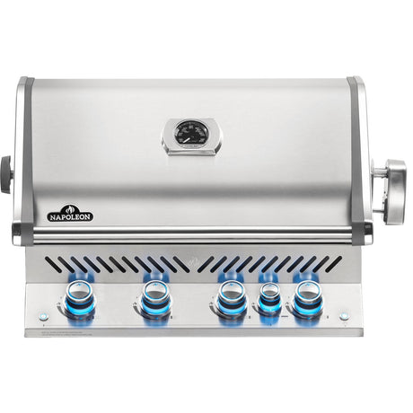 Napoleon Prestige Pro 500 Built-in Gas Grill, all stainless steel with blue LED's on the control knobs, available at texas star grill shop