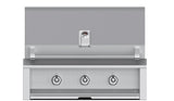 Manufacturer front view of the Aspire by Hestan 36-inch built-in grill with three burner controls in Steeletto