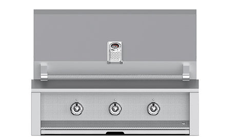 Manufacturer front view of the Aspire by Hestan 36-inch built-in grill with three burner controls in Steeletto