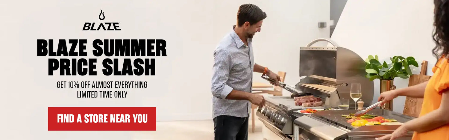 Blaze Grills Summer Price Slash sale banner offering 10% off premium built-in gas grills and outdoor kitchen equipment.