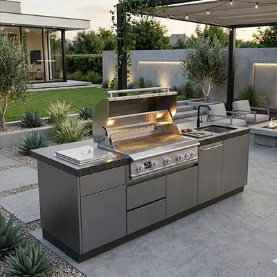 A professional outdoor kitchen island featuring a Blaze Premium LTE built-in gas grill with its hood open, integrated into sleek charcoal gray cabinetry with a dark granite countertop. The setup includes a matching side burner and a black outdoor sink. In the background, a modern backyard is shown with a minimalist fire pit area, manicured lawn, and a contemporary pergola.