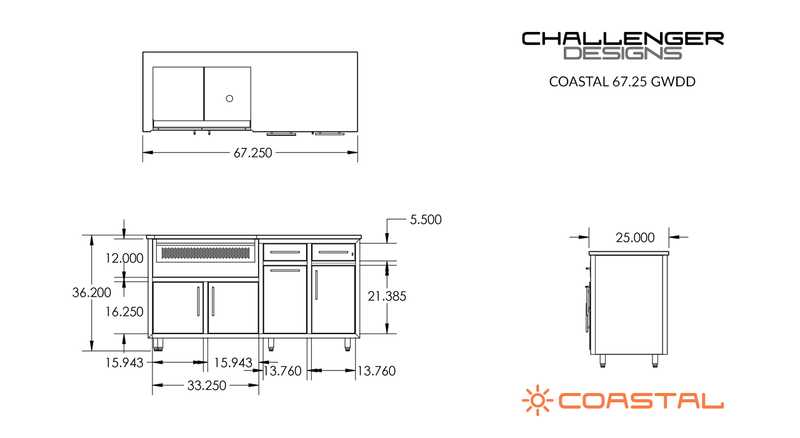 Challenger Coastal 67.25-GWDD manufacturer dimension drawing and fixed cabinet layout