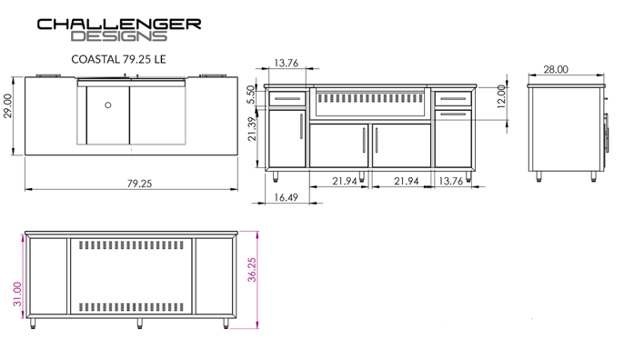 Challenger Coastal 79.25-LE manufacturer dimension drawing and fixed cabinet layout