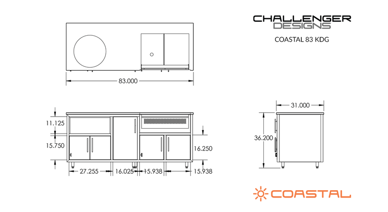 Challenger Coastal 83-KDG manufacturer dimension drawing and fixed cabinet layout
