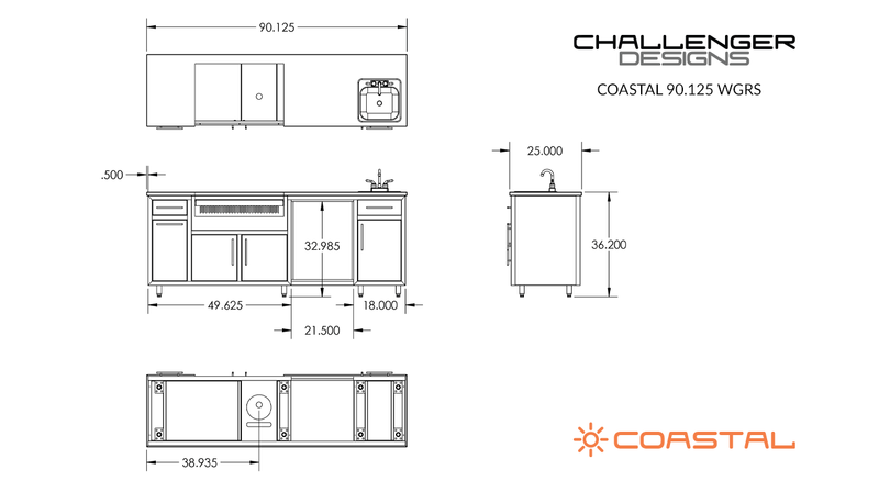 Challenger Coastal 90.125-WGRS manufacturer dimension drawing and fixed cabinet layout