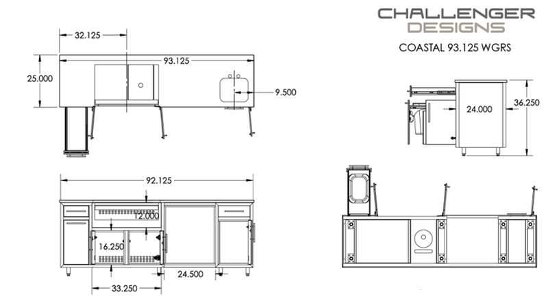 Challenger Coastal 93.125-WGRS manufacturer dimension drawing and fixed cabinet layout