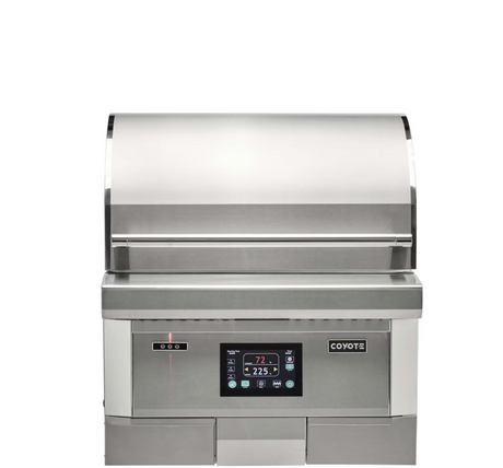 Coyote 28-Inch Built-In Pellet Grill front view with closed lid